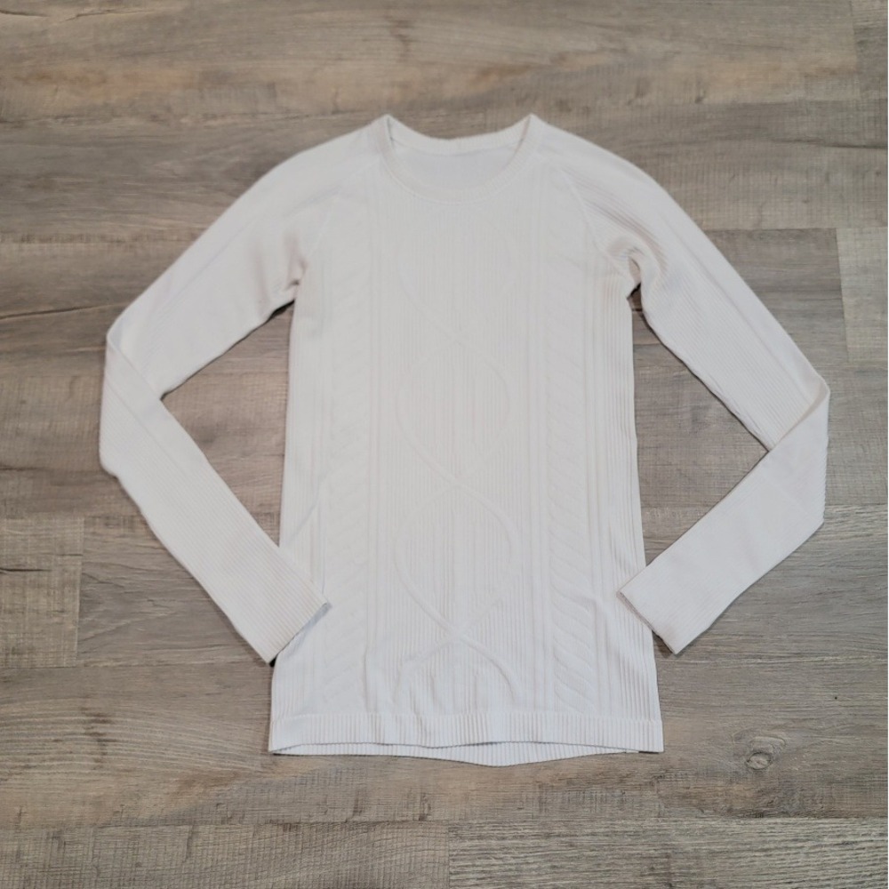 Lululemon Rest Less Pullover White Jacquard Cable Knit Long Sleeve Thumbholes 4